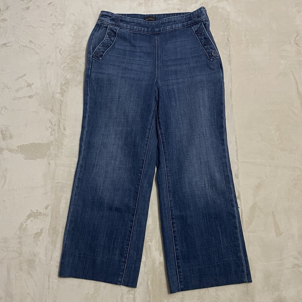 Talbots Jeans Womens Size 6 Wide Leg Jean Sailor Button Style Dark Wash‎ Denim